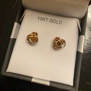 10K Gold Tricolor Knot Stud Earrings New In Box Gold Silver Rose Gold